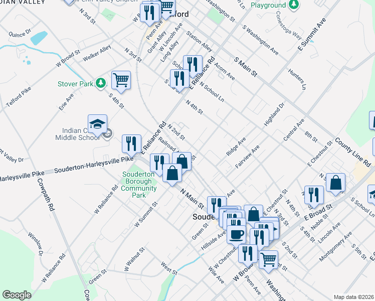 map of restaurants, bars, coffee shops, grocery stores, and more near 123 East Summit Street in Souderton