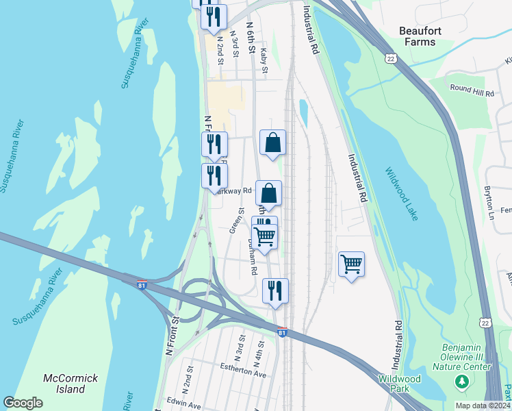 map of restaurants, bars, coffee shops, grocery stores, and more near 3963 Green Street in Harrisburg