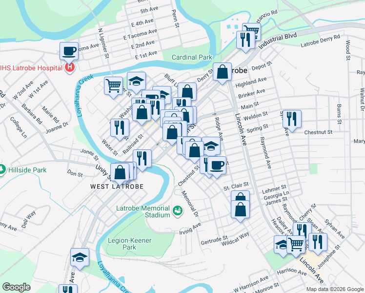 map of restaurants, bars, coffee shops, grocery stores, and more near 210 Weldon Street in Latrobe