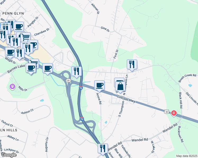 map of restaurants, bars, coffee shops, grocery stores, and more near 7951 U.S. 30 in Irwin