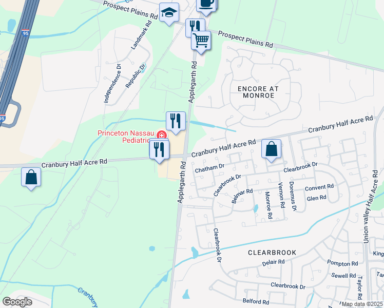 map of restaurants, bars, coffee shops, grocery stores, and more near 274 Cranbury Half Acre Road in Monroe Township