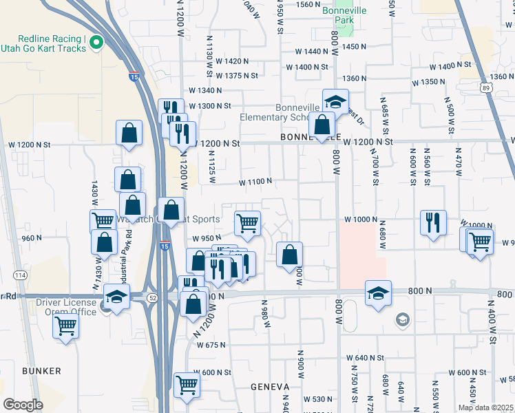 map of restaurants, bars, coffee shops, grocery stores, and more near 1030 North 995 West Street in Orem