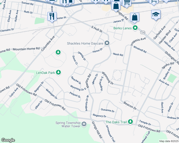 map of restaurants, bars, coffee shops, grocery stores, and more near 406 Martins Road in Sinking Spring