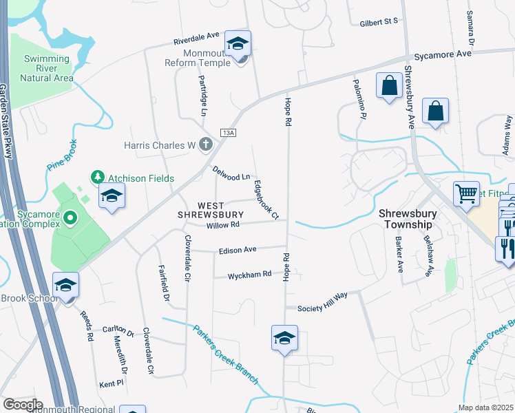 map of restaurants, bars, coffee shops, grocery stores, and more near 39 Willow Road in Tinton Falls