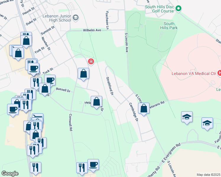 map of restaurants, bars, coffee shops, grocery stores, and more near 41 Strathford Drive in Lebanon