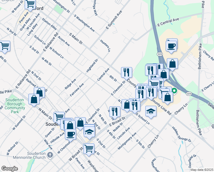 map of restaurants, bars, coffee shops, grocery stores, and more near 136 Hillcrest Avenue in Souderton