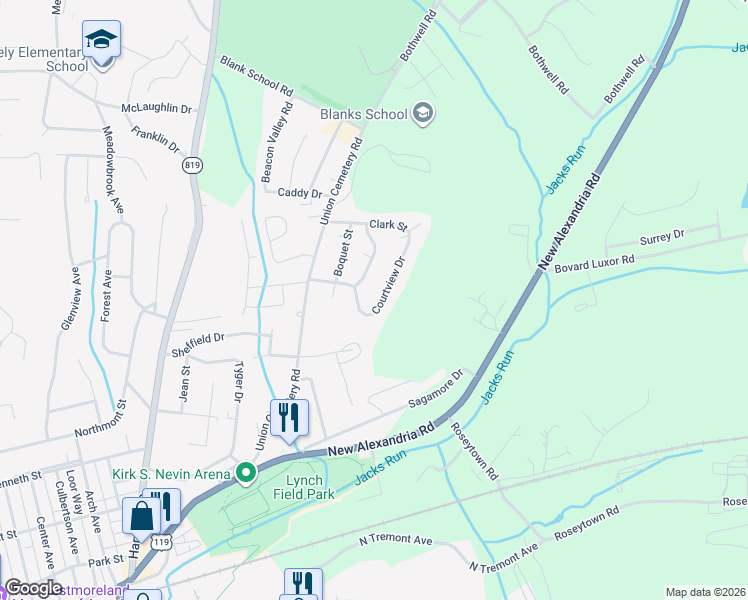 map of restaurants, bars, coffee shops, grocery stores, and more near 728 Courtview Drive in Greensburg