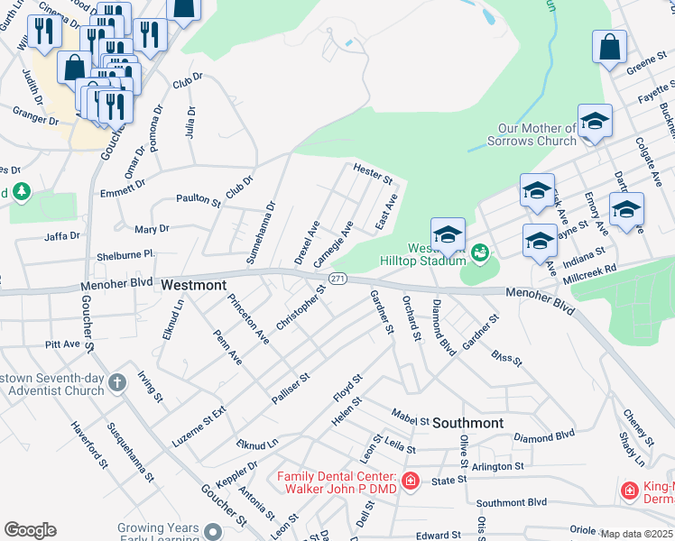 map of restaurants, bars, coffee shops, grocery stores, and more near 1101-1199 Christopher St in Johnstown