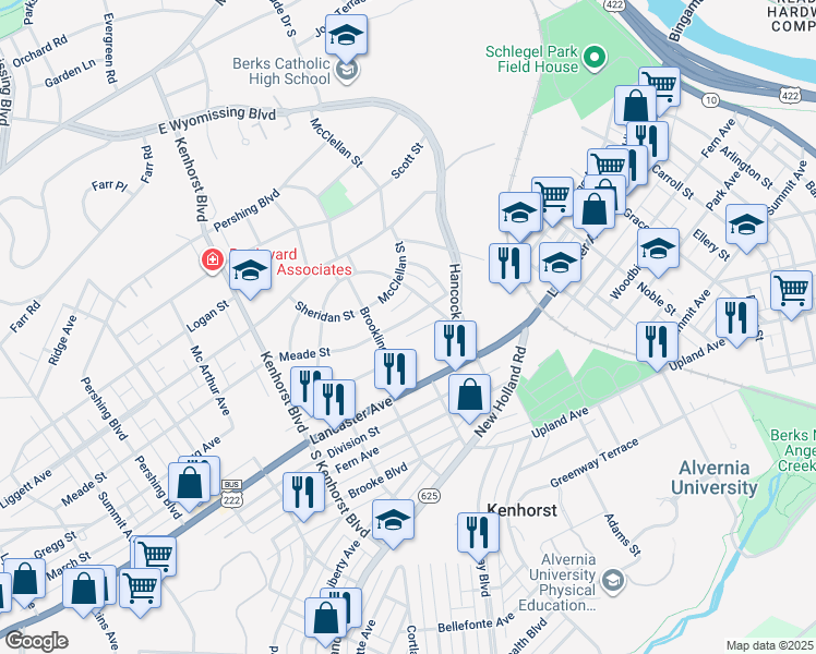 map of restaurants, bars, coffee shops, grocery stores, and more near 1024 Meade Street in Reading