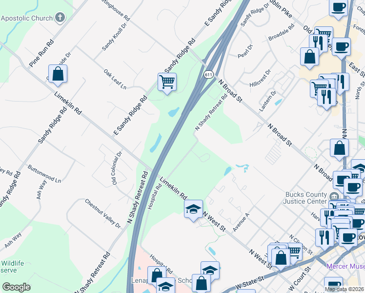 map of restaurants, bars, coffee shops, grocery stores, and more near 612 North Shady Retreat Road in Doylestown