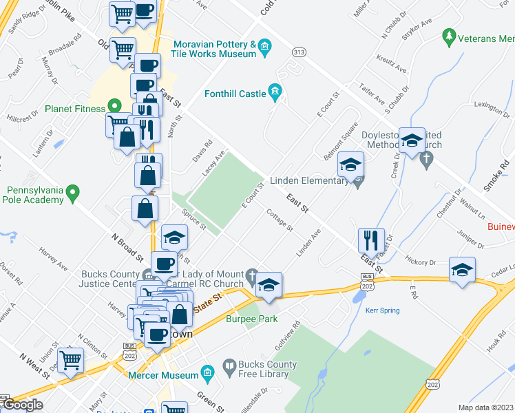 map of restaurants, bars, coffee shops, grocery stores, and more near 130 Cottage Street in Doylestown