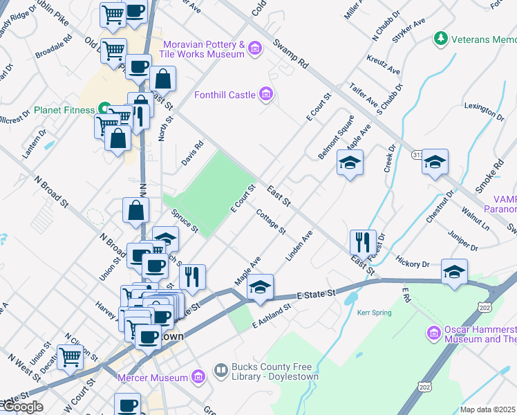 map of restaurants, bars, coffee shops, grocery stores, and more near 121 Cottage Street in Doylestown