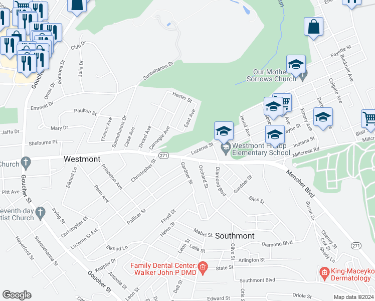 map of restaurants, bars, coffee shops, grocery stores, and more near 1050 Luzerne Street in Johnstown