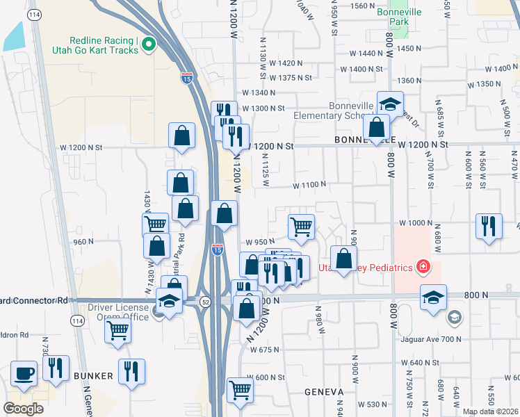 map of restaurants, bars, coffee shops, grocery stores, and more near 1140 West 950 North in Orem