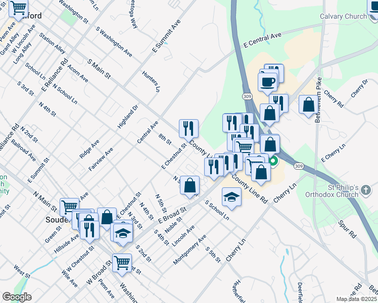 map of restaurants, bars, coffee shops, grocery stores, and more near 418 Market Street in Souderton