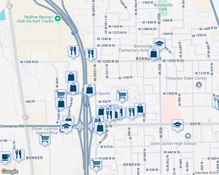 map of restaurants, bars, coffee shops, grocery stores, and more near 1004 North 1090 West Street in Orem