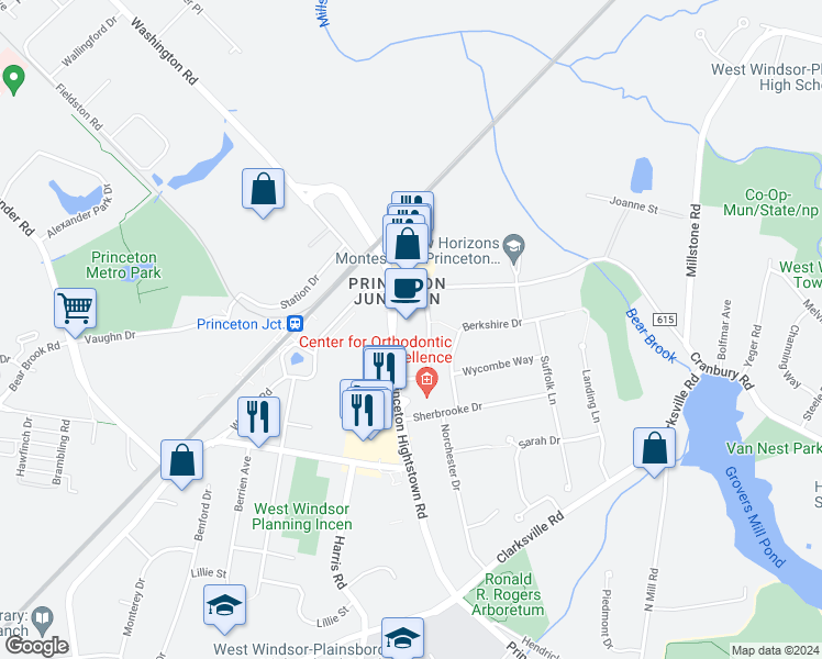 map of restaurants, bars, coffee shops, grocery stores, and more near 47 Princeton Hightstown Road in West Windsor Township