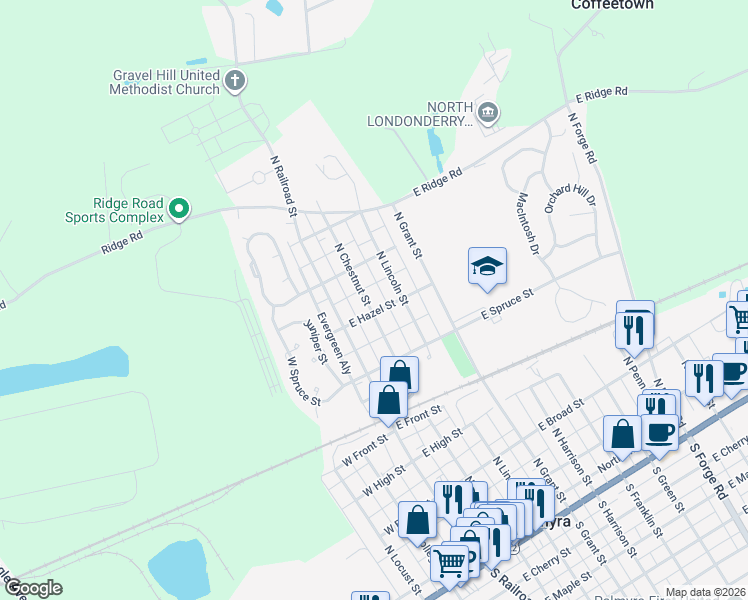 map of restaurants, bars, coffee shops, grocery stores, and more near 612 North Chestnut Street in Palmyra