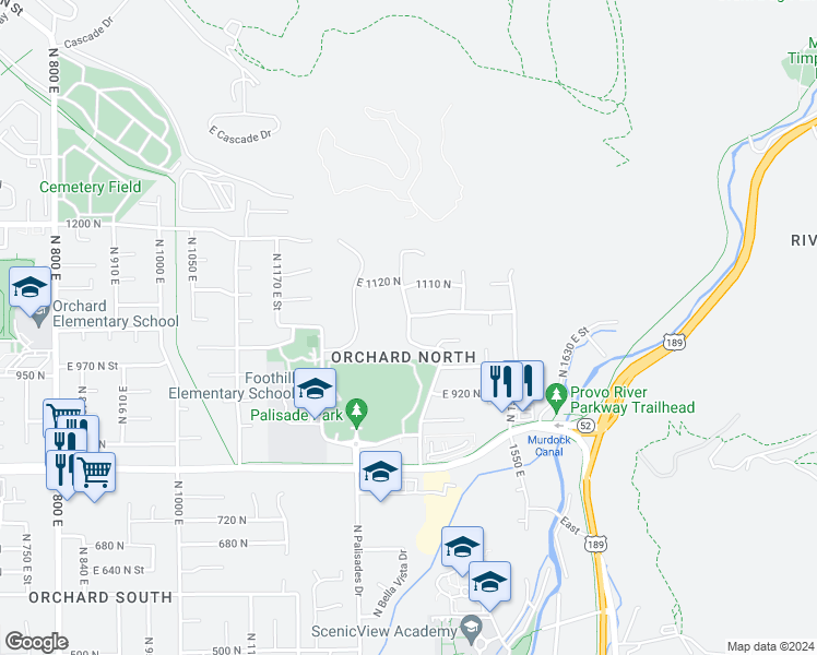 map of restaurants, bars, coffee shops, grocery stores, and more near 1098 East 1010 North Street in Orem