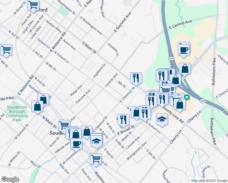 map of restaurants, bars, coffee shops, grocery stores, and more near 144 Hillcrest Avenue in Souderton