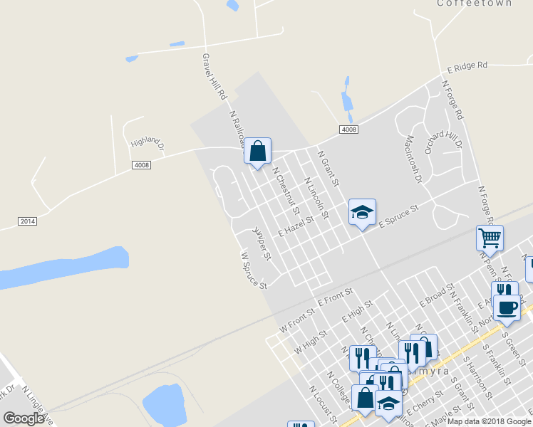 map of restaurants, bars, coffee shops, grocery stores, and more near 649 North Railroad Street in Palmyra