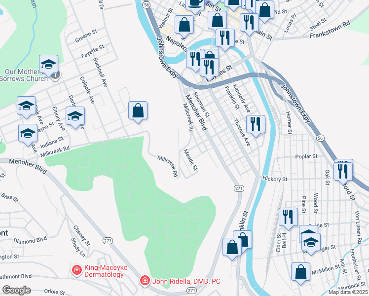 map of restaurants, bars, coffee shops, grocery stores, and more near 747 Millcreek Road in Johnstown