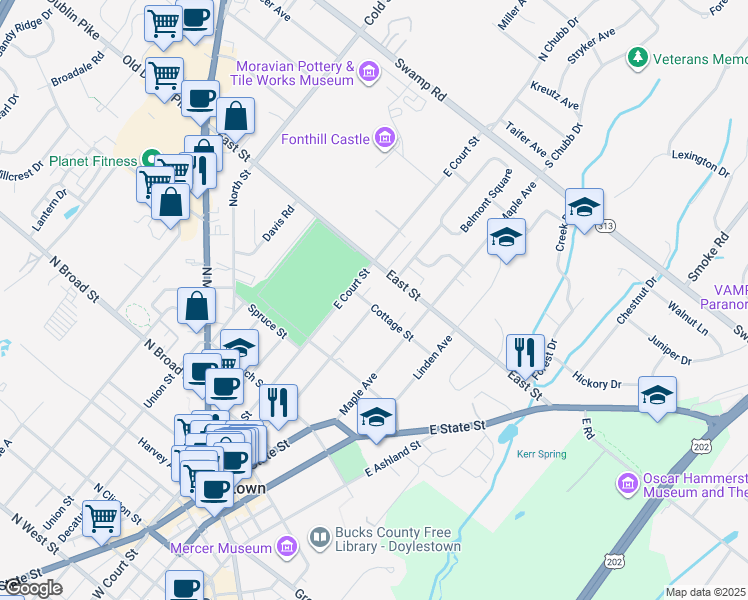 map of restaurants, bars, coffee shops, grocery stores, and more near 121 Cottage Street in Doylestown