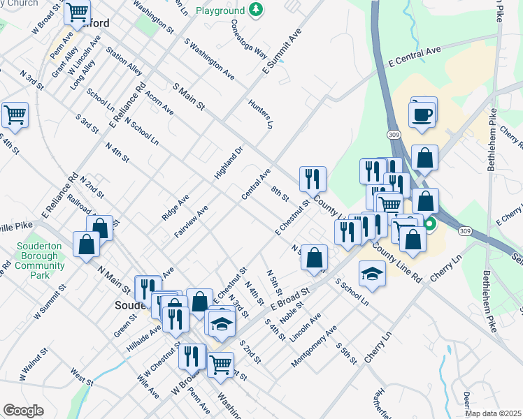 map of restaurants, bars, coffee shops, grocery stores, and more near 144 Hillcrest Avenue in Souderton