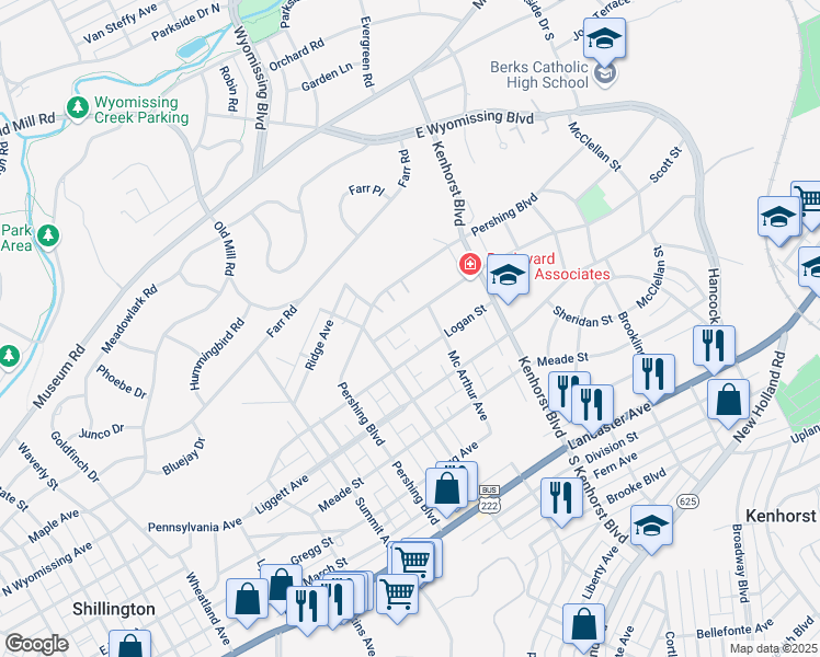 map of restaurants, bars, coffee shops, grocery stores, and more near 1445 Logan Street in Reading