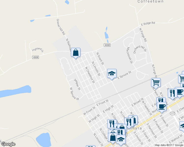 map of restaurants, bars, coffee shops, grocery stores, and more near 612 North Chestnut Street in Palmyra