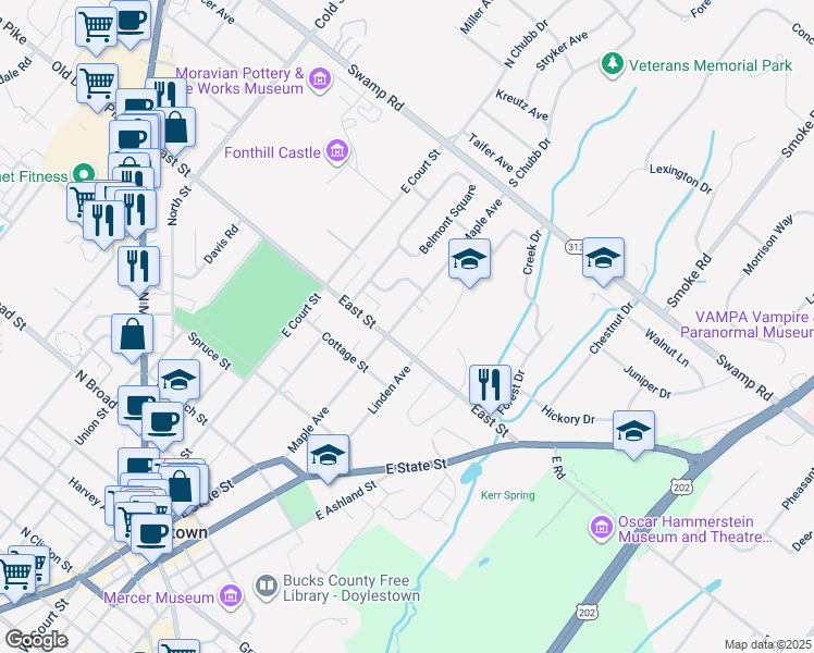 map of restaurants, bars, coffee shops, grocery stores, and more near 450 Maple Avenue in Doylestown