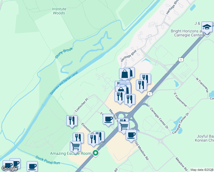 map of restaurants, bars, coffee shops, grocery stores, and more near 121 Rainier Court in Princeton
