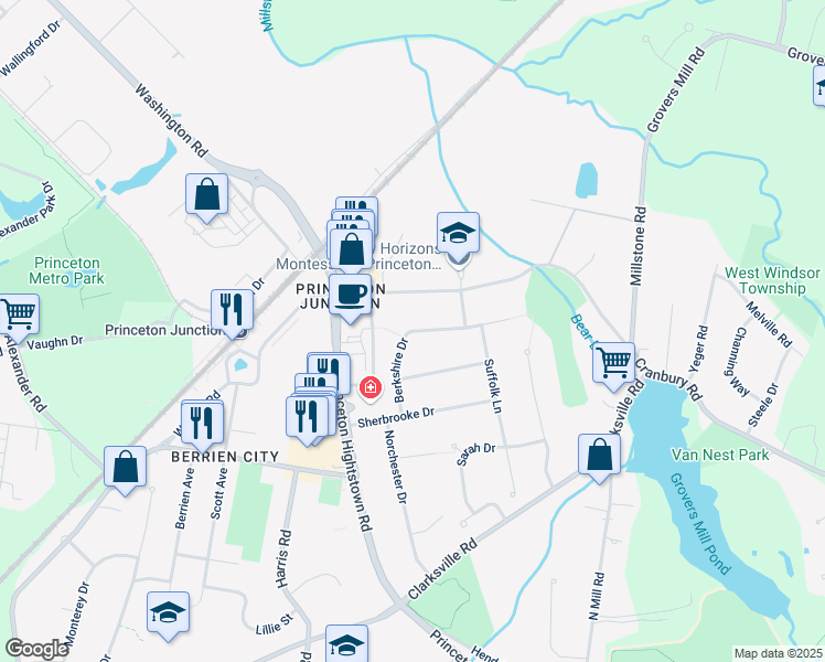 map of restaurants, bars, coffee shops, grocery stores, and more near in West Windsor Township