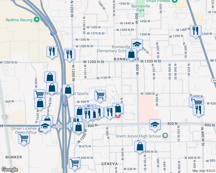 map of restaurants, bars, coffee shops, grocery stores, and more near 1067 North 1005 West Street in Orem