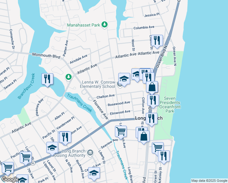 map of restaurants, bars, coffee shops, grocery stores, and more near 335 Long Branch Avenue in Long Branch