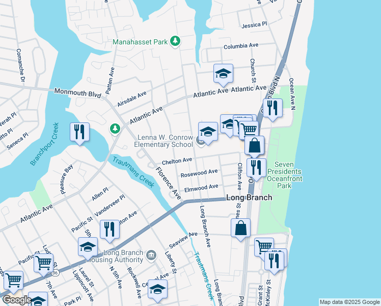map of restaurants, bars, coffee shops, grocery stores, and more near 335 Long Branch Avenue in Long Branch
