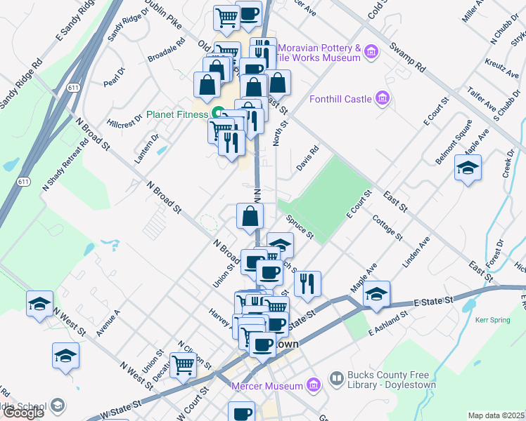 map of restaurants, bars, coffee shops, grocery stores, and more near 301 North Main Street in Doylestown