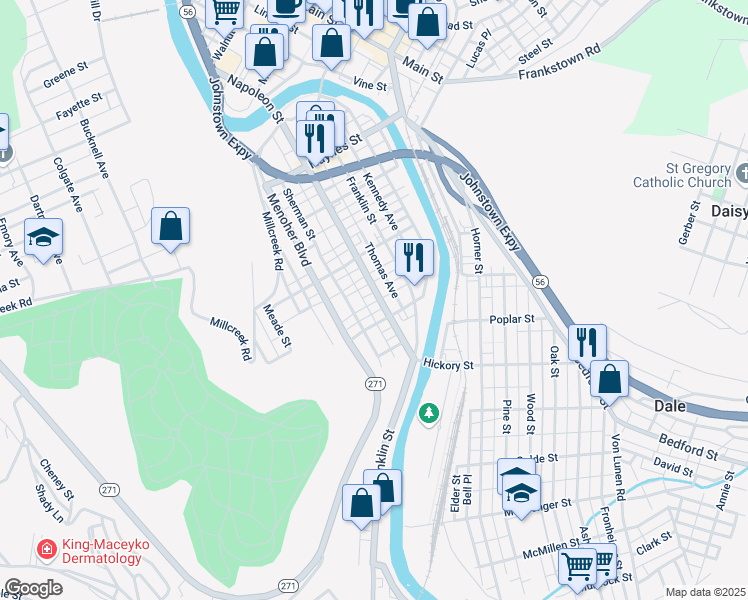 map of restaurants, bars, coffee shops, grocery stores, and more near 726 Thomas Avenue in Johnstown