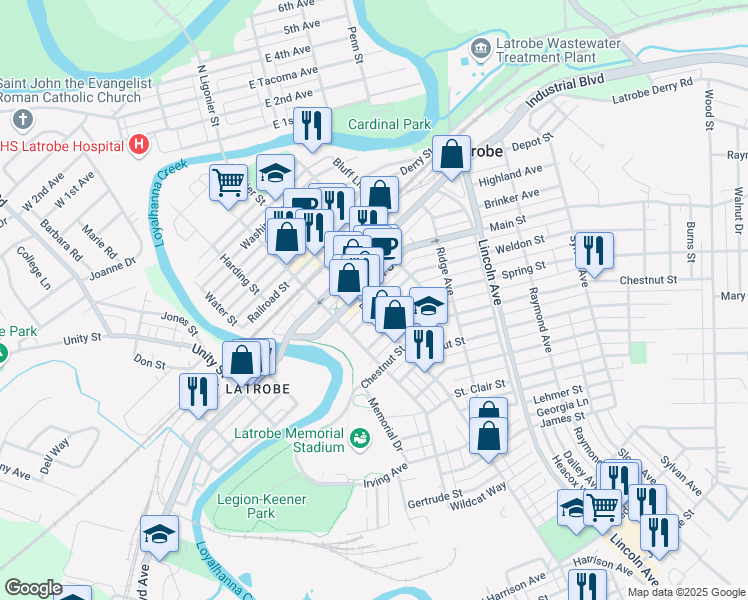 map of restaurants, bars, coffee shops, grocery stores, and more near 315 Depot Street in Latrobe