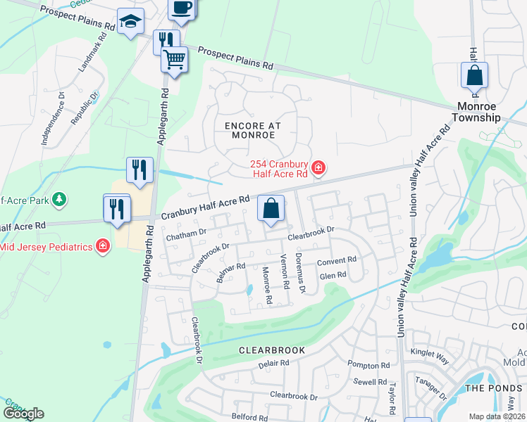 map of restaurants, bars, coffee shops, grocery stores, and more near 193A Newport Road in Monroe Township