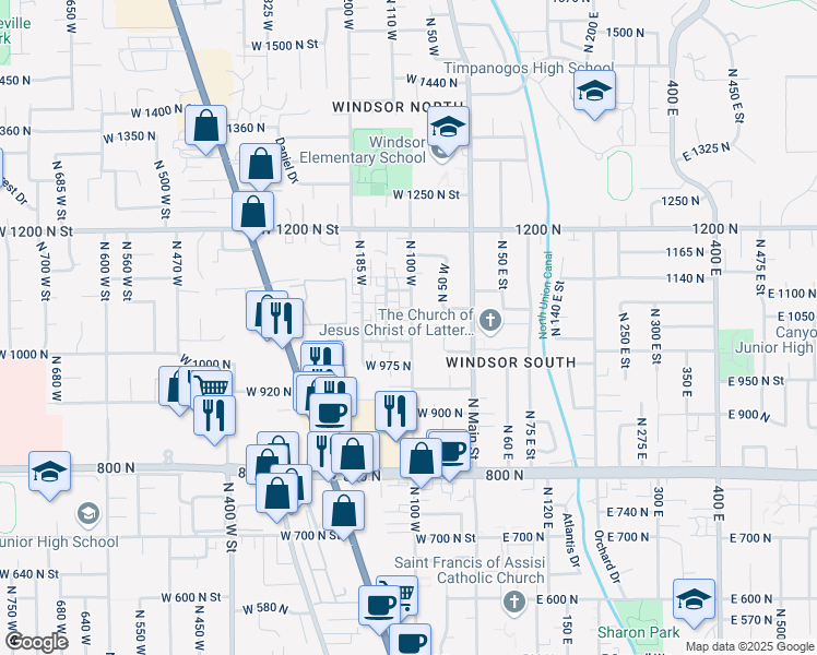 map of restaurants, bars, coffee shops, grocery stores, and more near 1037 North 100 West in Orem