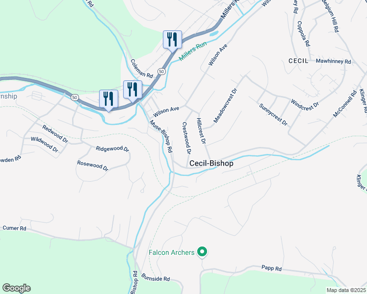 map of restaurants, bars, coffee shops, grocery stores, and more near 16 Crestwood Drive in Cecil-Bishop