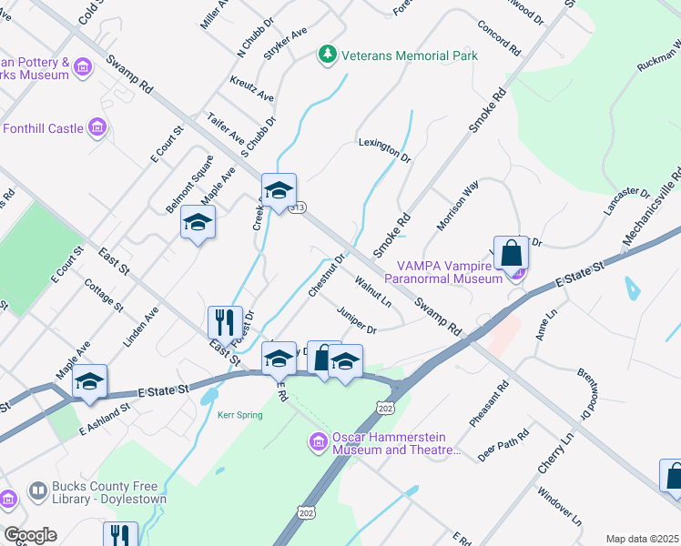 map of restaurants, bars, coffee shops, grocery stores, and more near 20 Walnut Lane in Doylestown