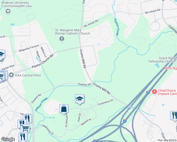 map of restaurants, bars, coffee shops, grocery stores, and more near 1451 Crums Mill Road in Harrisburg