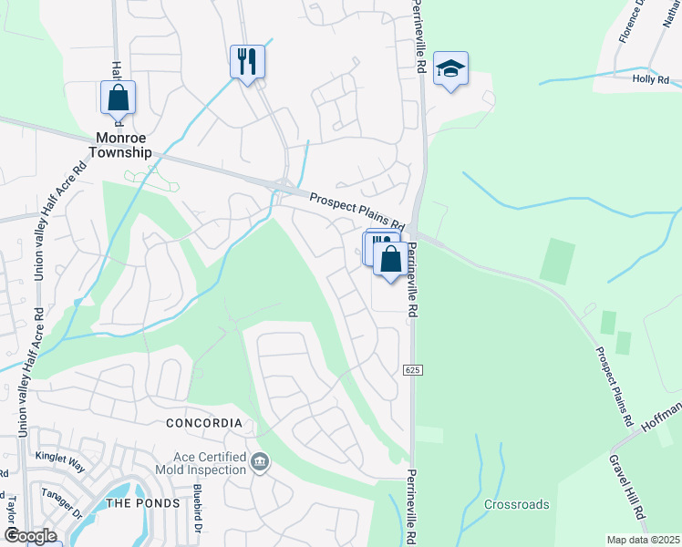 map of restaurants, bars, coffee shops, grocery stores, and more near 170A Concordia Circle in Monroe Township