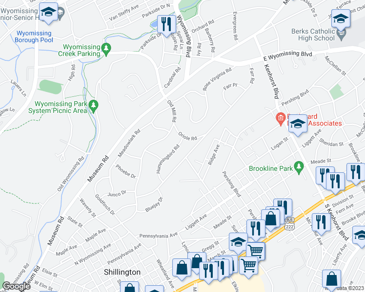 map of restaurants, bars, coffee shops, grocery stores, and more near 4 Hummingbird Road in Wyomissing