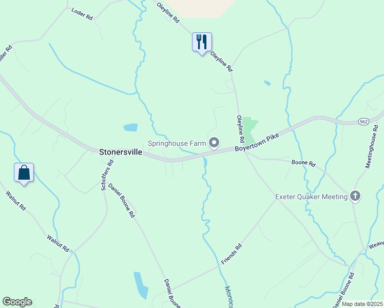 map of restaurants, bars, coffee shops, grocery stores, and more near 5861 Boyertown Pike in Birdsboro