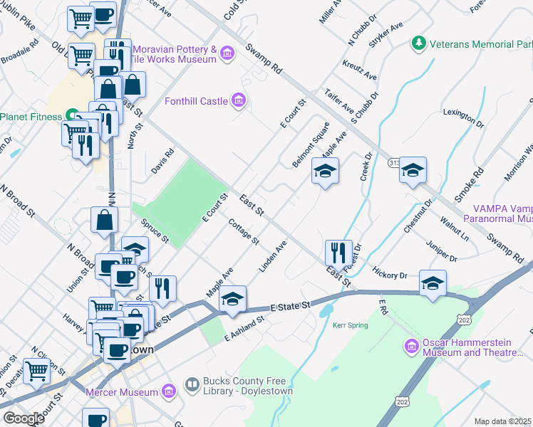 map of restaurants, bars, coffee shops, grocery stores, and more near 501 Maple Avenue in Doylestown