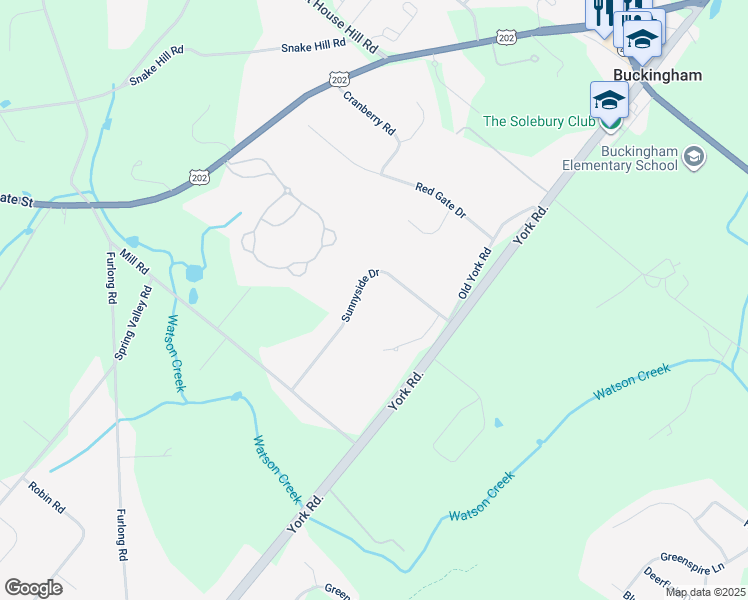 map of restaurants, bars, coffee shops, grocery stores, and more near 4257 Sunnyside Drive in Doylestown