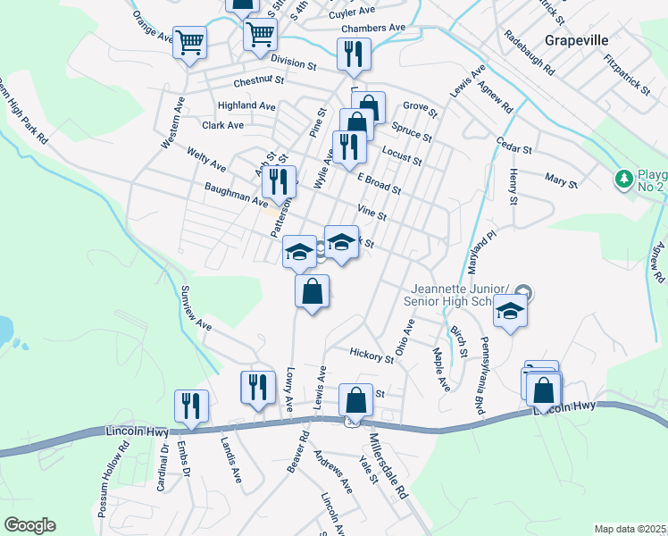 map of restaurants, bars, coffee shops, grocery stores, and more near 1000 Lowry Avenue in Jeannette